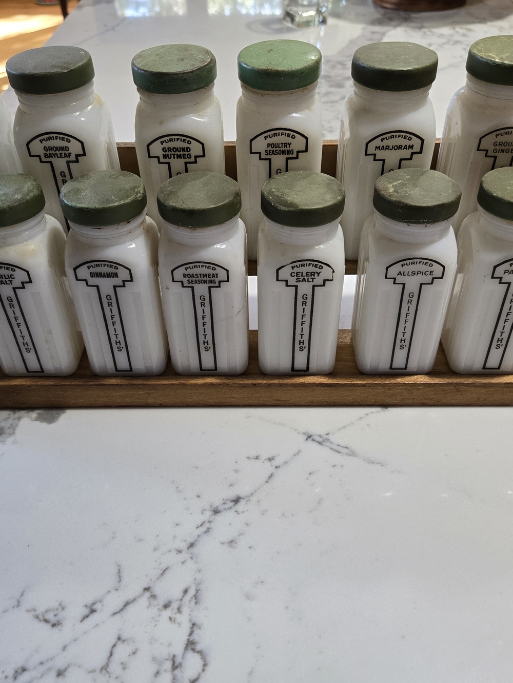 Vintage Griffiths' White Milk Glass Spice Jars with Green Lids - Set